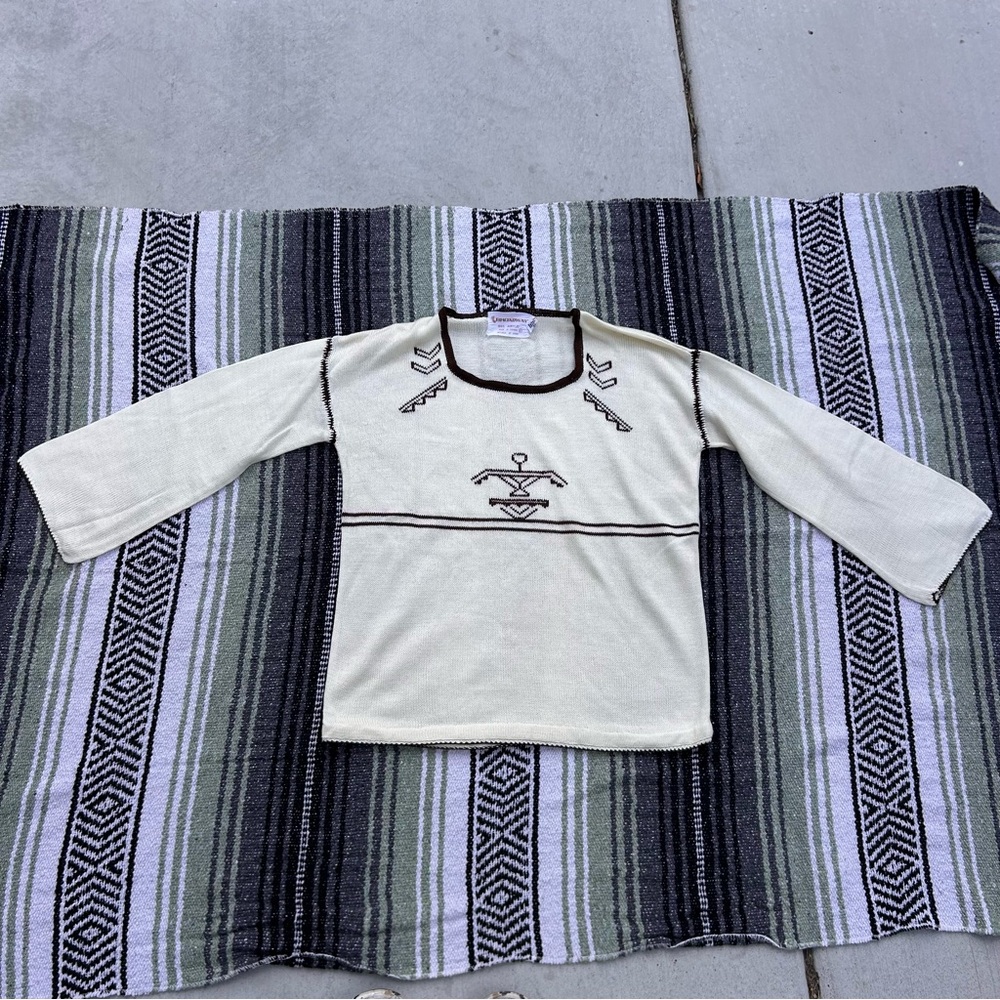 Vintage 70s knit cream and brown sweater with tribal design and bell sleeves